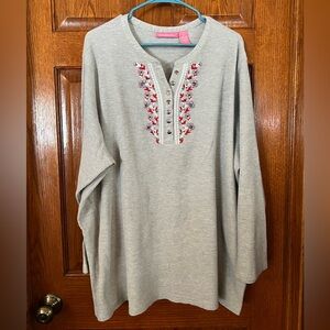 Woman Within 3X Gray Waffle Weave Pullover Long Sleeve Embroidered Flower & Bead